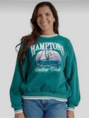 teal retro 90s coastal prep Hamptons yacht club graphic crewneck sweatshirt XL